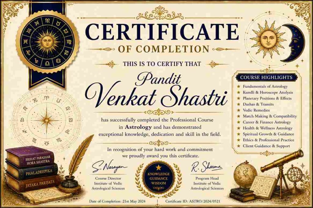Certificate of Completion awarded to Pandit Venkat Shastri for successfully completing a professional course in Astrology.